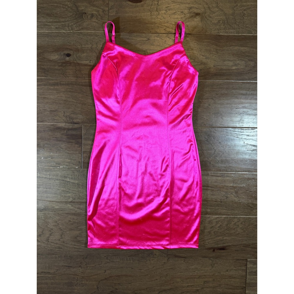 Iris Hot Pink Satin Bodycon Mini Dress Adjustable Straps ID4383 Womens Large